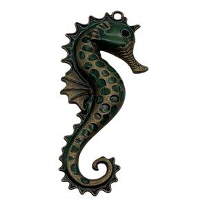 Antique Brass Seahorse Pendant Charm Green Gold Tone 3D Design For Jewelry Makin